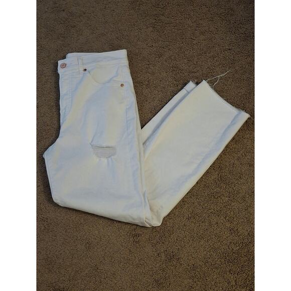 Express Women's White Distressed Raw Hem High Rise Straight Jeans Size 8 Long - Picture 1 of 12
